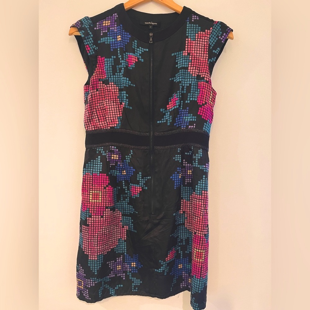 Nanette Lepore Black Mini Dress with Pink and Blue Floral Pattern front zipper